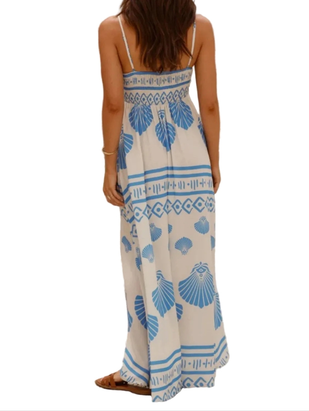 Coastal Seashell Side Pocket Sleeveless Smocked Back Island Beachy Maxi Dress - Picture 3 of 13